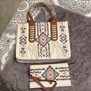 Bohemian Patterned Cream and Brown Handbag Set